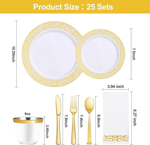 Bestluck 175PCS Gold Plastic Dinnerware Set for 25 Guests, Disposable Plates for Party, Wedding and Dinner, Include 25 Dinner Plates, 25 Dessert Plates, 25 Set Silverware, 25 Cups, 25 Napkins