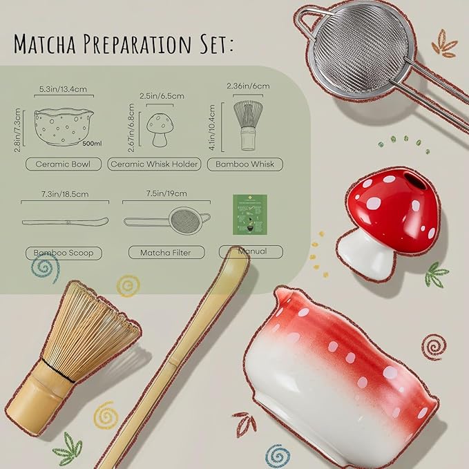 Cute Matcha Set With Mushroom Design Bowl And Whisk Holder, Unique Japanese Matcha Kit Gifts For Women Girls Friends Tea Lovers, Red
