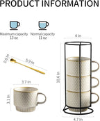 Gomakren Coffee Mugs Set of 4, 13 Ounce Stackable Coffee Mugs with Stand, Ceramic Coffee Cups with Spoon for Coffee, Espresso, Cappuccino, Latte, Cocoa, Tea and Milk, Creamy White