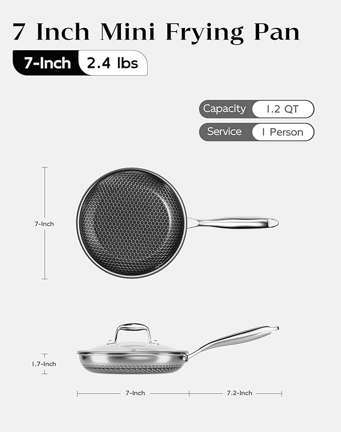 Honeycomb Stainless Steel Nonstick Frying Pan with Lid 7 Inch, Induction Cooktop Compatible Skillet, PFOA-Free Scratch-Proof, Dishwasher & Oven Safe, Stay-Cool Handle, Silver Kitchen Cookware
