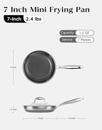 Honeycomb Stainless Steel Nonstick Frying Pan with Lid 7 Inch, Induction Cooktop Compatible Skillet, PFOA-Free Scratch-Proof, Dishwasher & Oven Safe, Stay-Cool Handle, Silver Kitchen Cookware