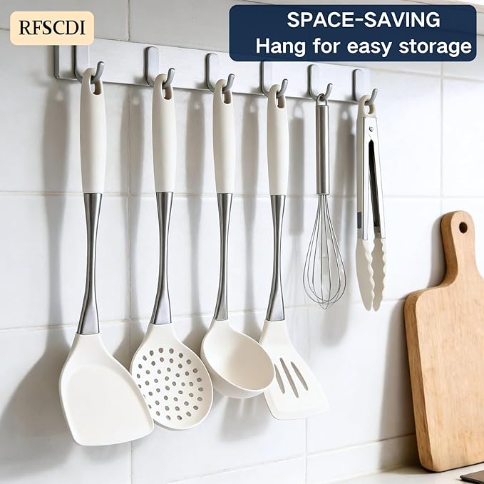 Premium White Silicone Cooking Utensils Set-Non-Toxic, Heat Resistant, BPA Free Kitchen Utensils Set with Spatula, Spoon, Whisk & Tongs-Non-Stick& Dishwasher Safe for Nonstick Cookware