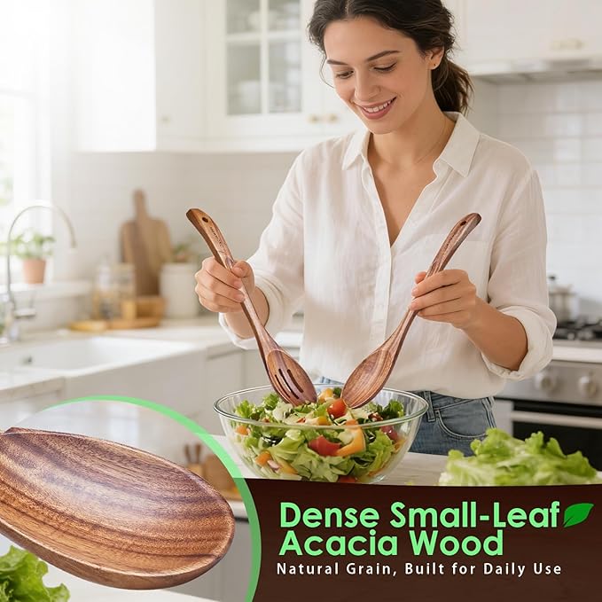 Wooden Cooking Utensils Set, Acacia Wood Wooden Spoons for Cooking with Thumb Rest, Ergonomic Curved Handle, Smooth Finish, Nonstick Safe, Gift Ready