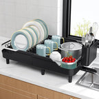 Urackify Expandable Dish Rack for Kitchen Counter,16.14"-23.62" Large Stainless Steel Dish Drying Rack with Adjustable Water Spout, Space Saving Dish Drainer with Auto Draining Cutlery Holder,Black