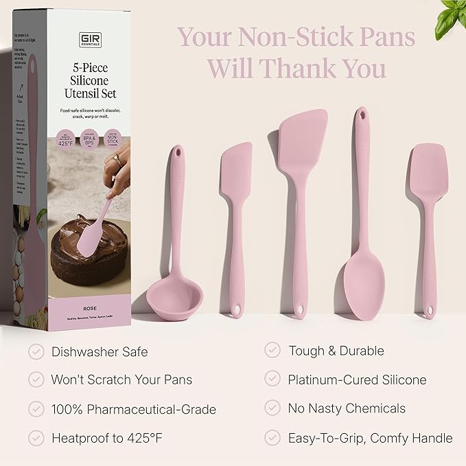 GIR 5-Piece Silicone Kitchen Utensils Set, Non-Toxic Cooking Utensils for Cooking and Baking, Heat Resistant, Food Grade, Dishwasher Safe Rubber Spatula, Ladle, Spoon - Rose