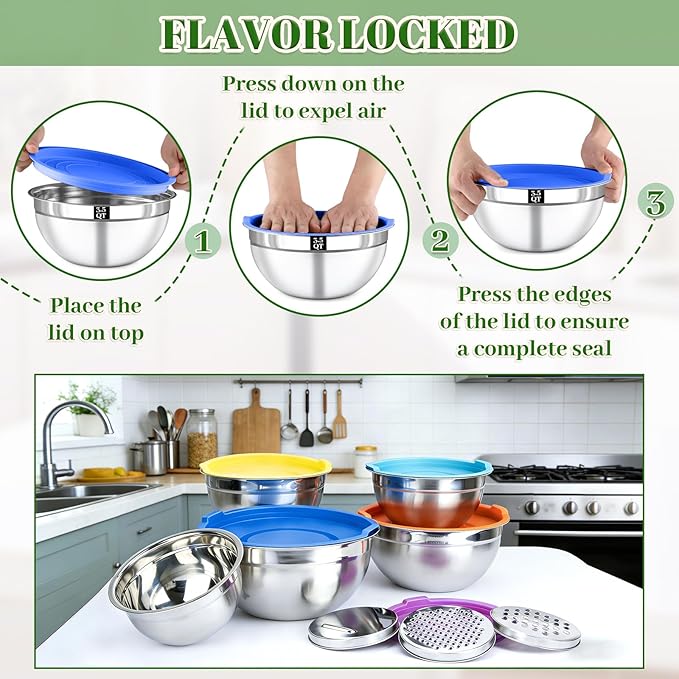 Mixing Bowls with Lids Set - 5 Nesting Mixing Bowls, 3 Grater Attachments, Airtight Lids, Stainless Steel Mixing Bowls for Mixing & Serving, Size 1.5/2.1/3.5/4/4.5 QT, Colorful
