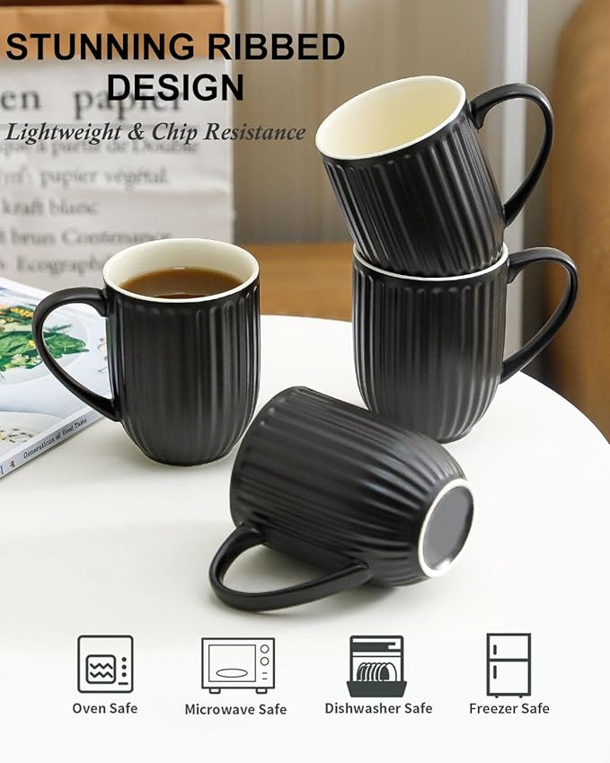 HASENSE 16oz Ceramic Coffee Mugs Set of 4, Black Ribbed Latte Cups with Large Ergonomic Handle, Modern Lightweight, Great for Coffee, Tea & Cocoa, Dishwasher & Microwave Safe