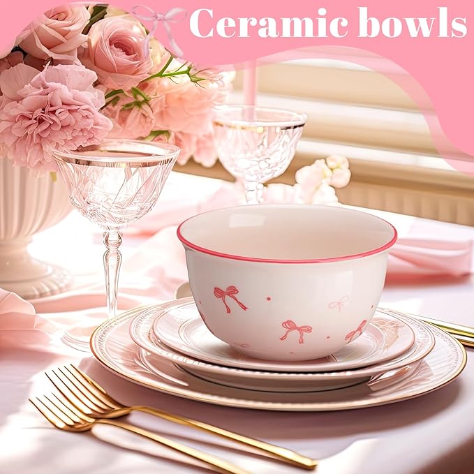 Maxdot 4 Pcs Pink Bow Ceramic Bowls Set 10oz Coquette Cute Soup Bowl Preppy Dessert Pudding Fruit Salad Decorations for Kitchen Decoration Pink White Bowl