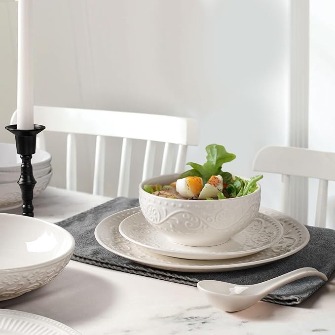 Artena Ceramic Cereal Bowls 26 oz, Embossment Soup Bowls Set of 4, White Salad Bowl for Kitchen, Dinner, Breakfast, Oatmeal, Rice, Pasta, Dishwasher Microwave Safe, 6 inch (Lianas) (Pack of 2)