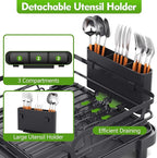 TOOLF Expandable Dish Rack, Dish Drying Rack for Kitchen Counter, Foldable Dish Dryer Rack, Stainless Steel Dish Drainer Racks with Cutlery Holder, Collapsible Dish Drying Racks Standard Size,Black