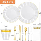 175PCS Gold and White Plastic Dinnerware Set, Plastic Party Plates for 25 Guests, 50 Disposable Plates, 25 Heavy Duty Silverware, 25 Cups, 25 Napkins for Party and Wedding