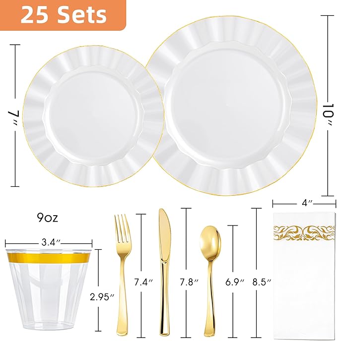 175PCS Gold and White Plastic Dinnerware Set, Plastic Party Plates for 25 Guests, 50 Disposable Plates, 25 Heavy Duty Silverware, 25 Cups, 25 Napkins for Party and Wedding