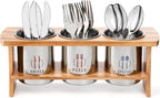 Lyellfe Silverware Holder for Countertop, Stainless Steel Cutlery Utensil Organizer with Bamboo Stand, Flatware Holder for Spoon, Fork, and Knife