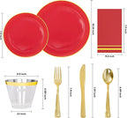 NOCCUR 350PCS Red Plastic Plates - Disposable Red Gold Dinnerware Set for 50 Guests, 100 Dinner/Dessert Plates, 150 Gold Silverware, 50 Cups&50 Napkins for Party/Wedding/Mother's Day