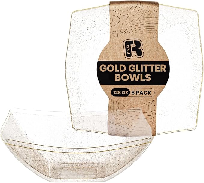 R-kay 6 Pack Extra Large Gold Glitter Serving Bowl - 128 Ounce Gold Plastic Serving Bowls For Entertaining - Plastic Bowls For Salads And Snacks - Disposable bowls For All Occasions