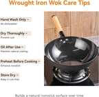 11.8 Inch Carbon Steel Wok, Flat Bottom Stir Fry Pan with Glass Lid, Uncoated High-Purity Iron Wok for Family Meals, Compatible with Gas, Electric & Induction Cooktops