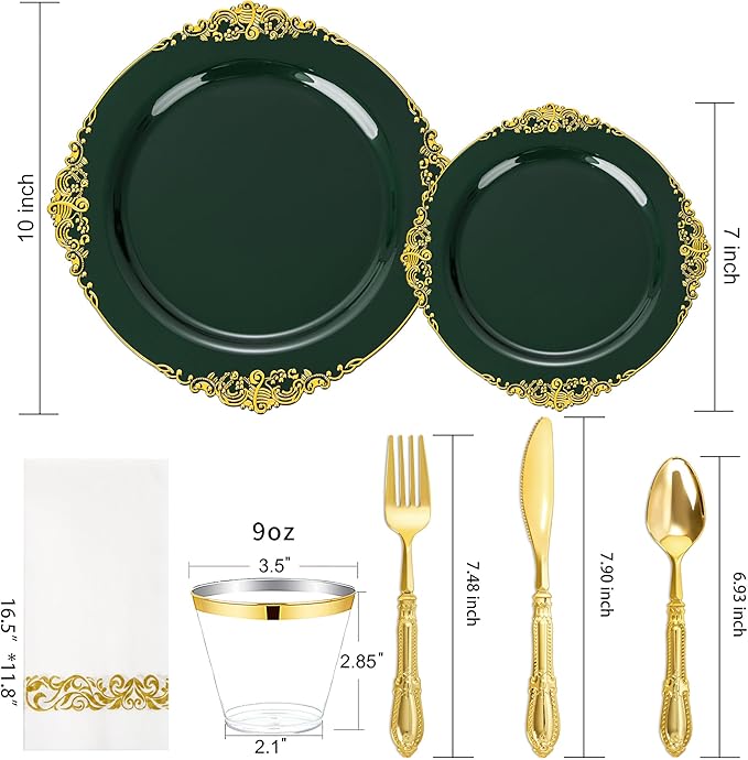 Morejoy 350 PCS Green Plastic Plates - Green Gold Plastic Dinnerware Set Include 50Dinner Plates, 50Dessert Plates 150Cutlery, 50Cups, 50Napkin Perfect for Party & Wedding