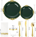 Morejoy 350 PCS Green Plastic Plates - Green Gold Plastic Dinnerware Set Include 50Dinner Plates, 50Dessert Plates 150Cutlery, 50Cups, 50Napkin Perfect for Party & Wedding