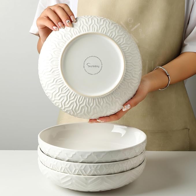Sureasy Pasta Bowls Set of 4, 30oz Large Ceramic Embossed Bowl Plates, 8.5 Inch Wide and Shallow Plate Bowls, Salad Bowl, Microwave, Oven & Dishwasher Safe, White