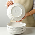 Sureasy Pasta Bowls Set of 4, 30oz Large Ceramic Embossed Bowl Plates, 8.5 Inch Wide and Shallow Plate Bowls, Salad Bowl, Microwave, Oven & Dishwasher Safe, White
