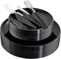 DaYammi 30 Guests Black Plastic Plates with Disposable Silverware,Silver Cutlery with Black Handle,Silver Disposable Dinnerware:60 Dinner/Dessert Plates,90 Plastic Silverware Set for Party Wedding