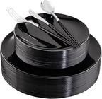 DaYammi 30 Guests Black Plastic Plates with Disposable Silverware,Silver Cutlery with Black Handle,Silver Disposable Dinnerware:60 Dinner/Dessert Plates,90 Plastic Silverware Set for Party Wedding