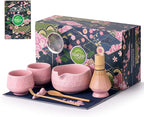 Matcha Whisk Set, 10 Pcs Matcha Set Includes Matcha Bowl, 2 Cups, Matcha Whisk and Holder, Bamboo Scoop and Spoon, Scoop Rest, Sifter and Tea Towel, Complete Matcha Kit (Pink)