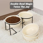 Ceramic Elevated Dog Bowl Set - Raised Food and Water Bowls with Metal Stand - Double Pet Dishes for Small and Medium Dogs - 2 Cups - 27 fl oz - Beige