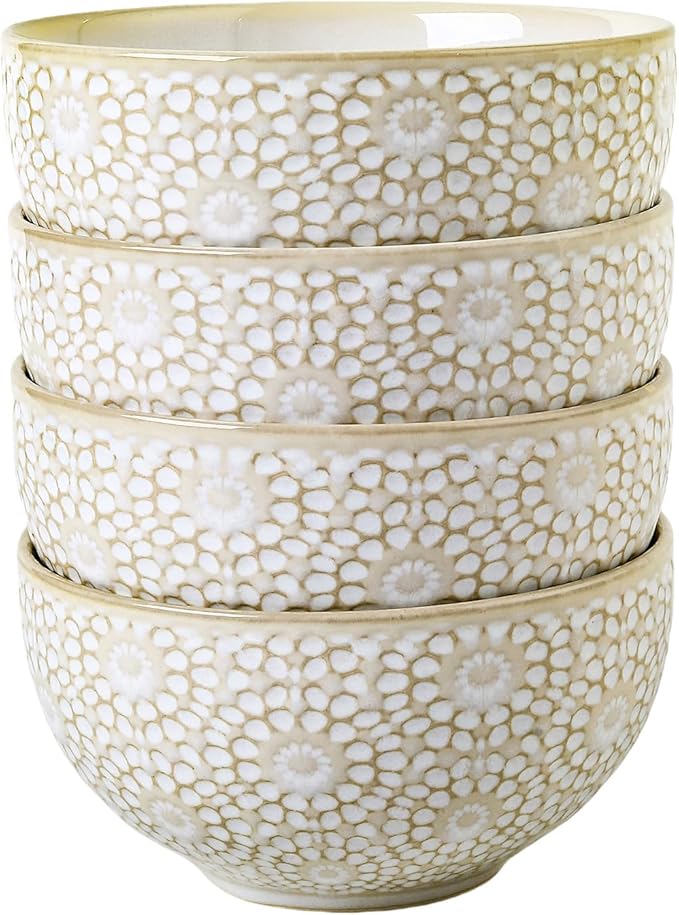 Soup Bowls 26 Oz - 6 inch Ceramic Cereal Bowls Set of 4, Kitchen Serving Dish, Embossed Bowl for Salad, Pho, Breakfast, Ramen, Rice, Dishwasher & Microwave Safe, Decorative Housewarming Gift