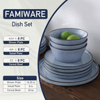 Famiware Plates and Bowls Sets, Annecy Stoneware Dinnerware Sets for 8, 24 Pieces Dish Set, Plate with Lip Edge, Reactive Glaze Tableware - Microwave & Dishwasher Safe, Reactive Blue