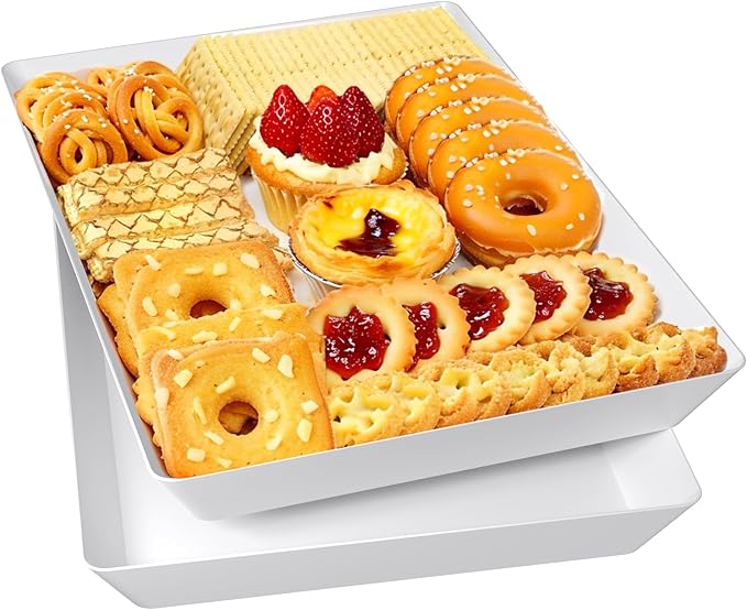 2-Pack Serving Tray, Serving Platter for Parties, Entertaining, Camping & Food Display, Reusable & Stackable Plastic Trays in Kitchen, Rectangular Food Platters for Cookie, Appetizer(White)