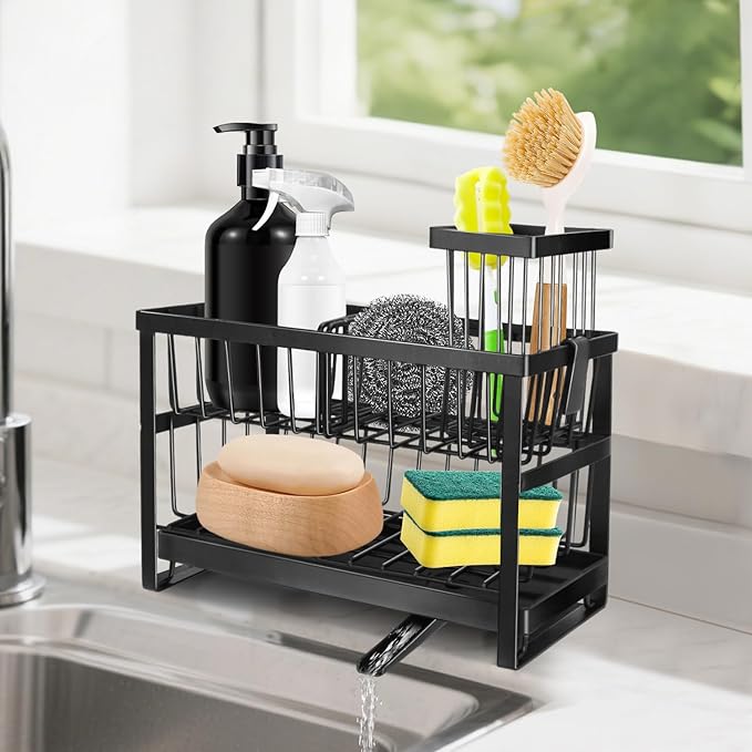 2-Tier Sink Sponge Caddy Organizer | Self Drain Sink Caddy with Dish Brush Holder | Non Toxic Kitchen Sink Accessories for Sponges, Brushes & Soap (Black)