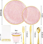Rubtlamp 350 Pcs Clear Pink Plastic Plates, Pink Gold Plastic Dinnerware Set (50 Guests), Disposable Plates With Gold Rim, Hammered Party Plates Set for Wedding And Party