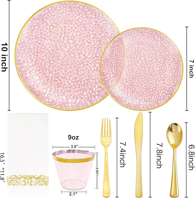 Rubtlamp 350 Pcs Clear Pink Plastic Plates, Pink Gold Plastic Dinnerware Set (50 Guests), Disposable Plates With Gold Rim, Hammered Party Plates Set for Wedding And Party