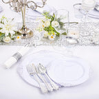 Liacere 350PCS Silver Plastic Plates&Pre Rolled Napkins for 50 Guests - Plastic Dinnerware Sets 100Silver Disposable Plates, 150Silver Silverware, 50Cups and 50Napkins for Wedding&Party