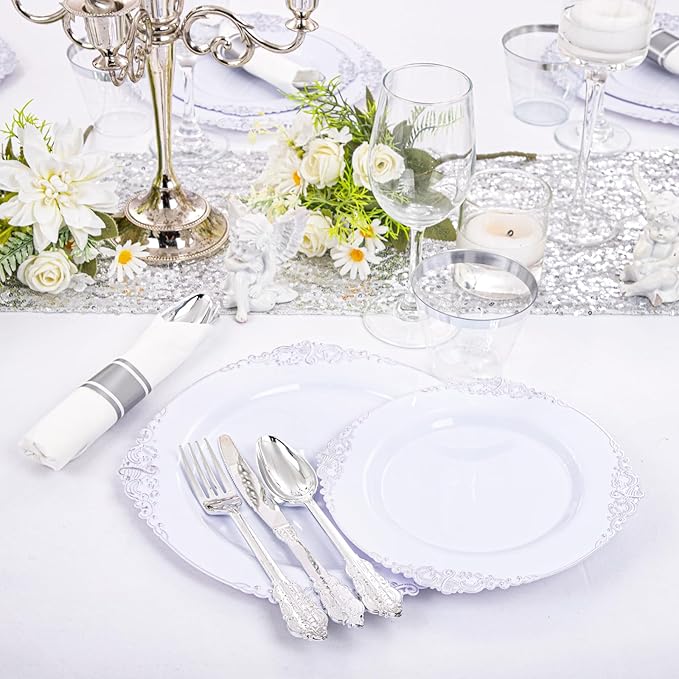 Liacere 350PCS Silver Plastic Plates&Pre Rolled Napkins for 50 Guests - Plastic Dinnerware Sets 100Silver Disposable Plates, 150Silver Silverware, 50Cups and 50Napkins for Wedding&Party