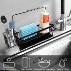 Yazoni Sponge Holder for Kitchen Sink, Rustproof Kitchen Sink Organizer Countertop Holder with High Brush Holder, Multifunctional Soap Dispenser Kitchen Organizers and Storage Essentials