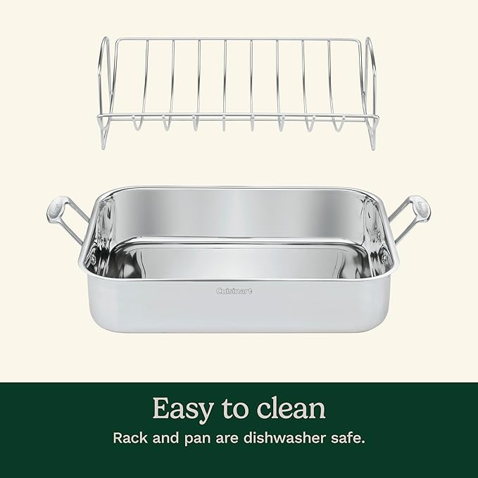 Cuisinart 16-Inch Roasting Pan, Induction Compatible Premium Rectangular Roaster Pan With Rack, Stainless Steel Roasting Pan with Rack, Large Capacity, Dishwasher Safe