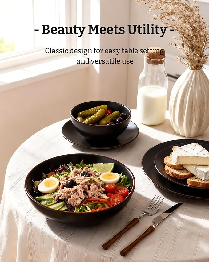 Famiware Venus Stoneware Dinnerware Sets with Trim, 24-Piece Modern Dishes Set for 6, Matte Black - Includes Pasta Bowls & Dinner Plates for Everyday Meals & Formal Dining, Microwave & Dishwasher Safe