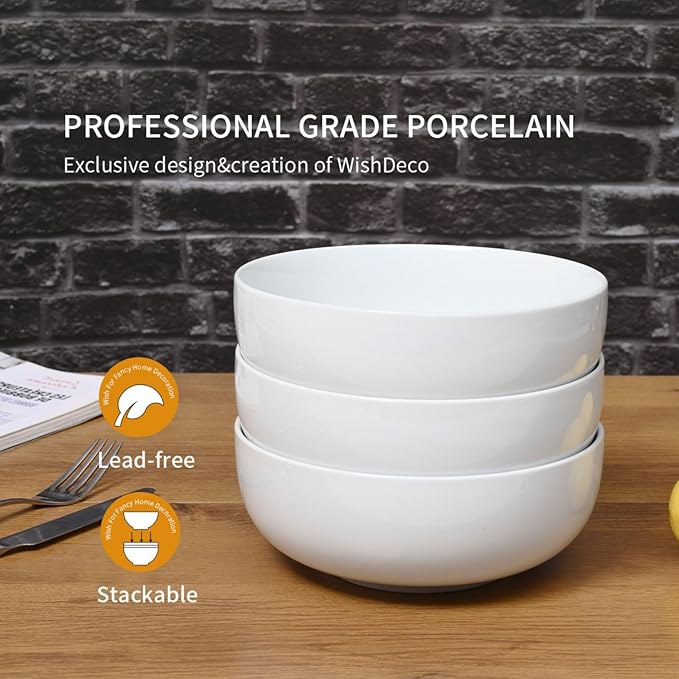 WishDeco Large Soup Bowls Set of 3, Ceramic Salad Bowls 37 oz, White Pasta Bowls 7 inch, Serving Bowl for Cereal, Noodle Ramen, Pho, Fruit