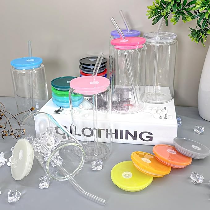 WHEATHUSK 20 Pack Glass Cups with Acrylic Lids and Glass Straws 16oz Iced Coffee Cups Clear Glass Tumbler Can Shaped Drinking Glasses, Cute Glass Smoothie Cups for Tea Beer Soda Whiskey Gift