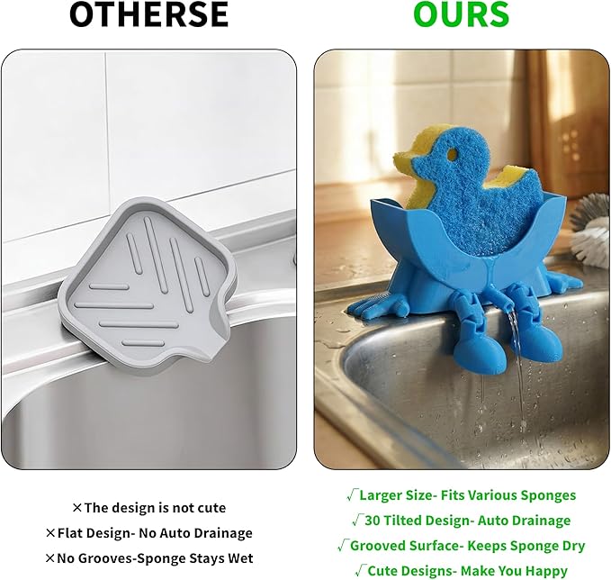 Cute Hanging Sponge Holder, Drainable Kitchen Sink Organizer, Scrub Sponge Stand Storage Rack with Smiley Design, Sink Accessories (Blue)