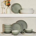 Pokini Plates and Bowls Sets for 8, 24 Piece Dinnerware Set for Large Families & Entertaining, Elegant Design, Dishwasher & Microwave Safe, Chip Resistant and Durable, Gray Green