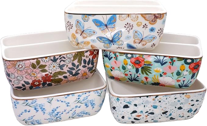 2 Compartments Ceramic Sponge Holder for Kitchen Sink, Cute Floral Countertop Dish Sponges Holder Soap Sink Organizer Farmhouse Caddy Blue Flowers