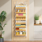 8-Tier Spice Rack Wall Mount, Heavy-Duty Over the Door Pantry Organizer with Wooden Adjustable Basket, 2 IN 1 Wall Mount or Hanging Pantry Door Organizer, Door Spice Rack for Home, White