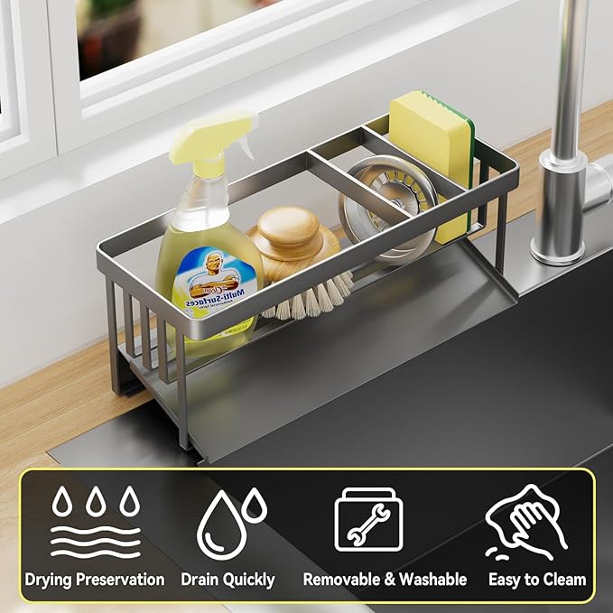 Kitchen Sink Caddy Organzier with Sponge Holder and Removable Drip Tray for Kitchen Sink, 304 Stainless Steel Organize for Sponge Soap Dish Brush Storage Accessories(Grey)