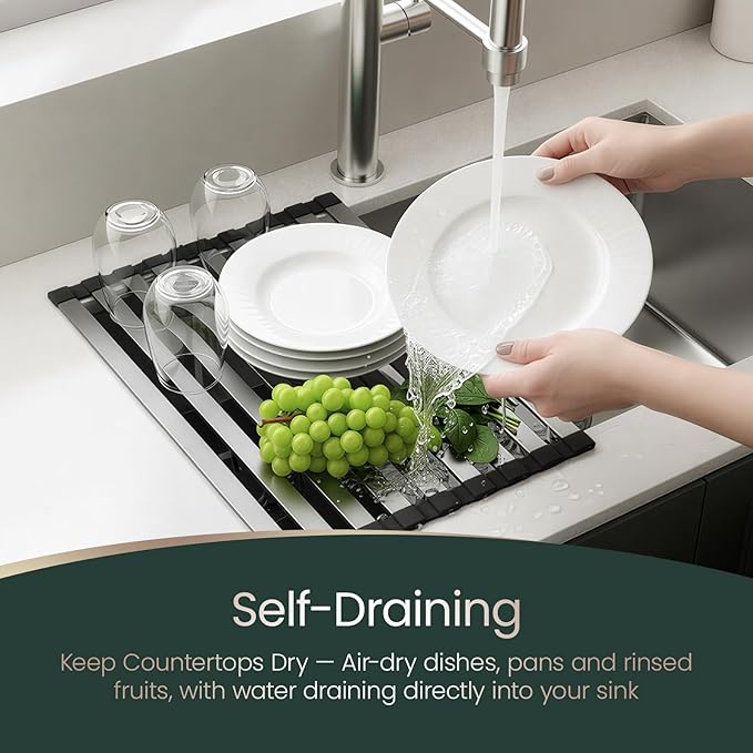 Meowoo Rectangle Dish Drying Rack, 17.5" x 13" Roll Up Over The Sink Dish Drainer Rack, Non-Slip Silicone Base, Stainless Steel Sink Drying Rack for Kitchen, Black
