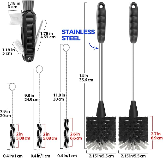 Holikme 6 Pack Bottle Brush Set, 14" Long Handle Stainless Steel Bottle Cleaner Brush, 3 Straw Brushes, 3-in-1 Bottle Cleaning Brush for Water Bottle, Antistatic Lab Brushes, Straws Black