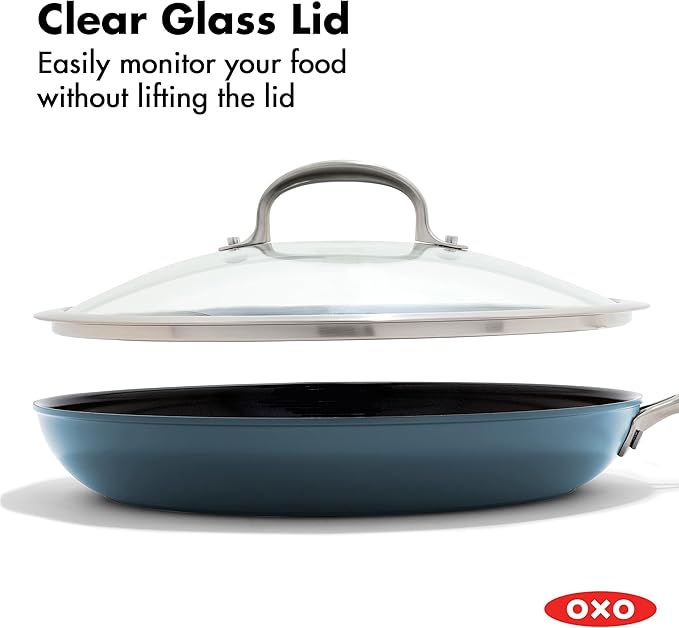 OXO Enhanced 12” Nonstick Frying Pan Skillet with Lid, Ceramic PFAS-Free Cookware, Durable Hard Anodized, Scratch Resistant, Stainless Steel Handle, Eggs & Omelets, Dishwasher & Oven Safe, Storm Blue