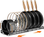 MUDEELA Pots and Pans Organizer Rack for under Cabinet, Expandable 11.81''-22.85'' Pot Lid Kitchen Cabinet Organizer Holder with 10 Adjustable Compartment Cutting Board Organizer for Pan Lid, Bakeware